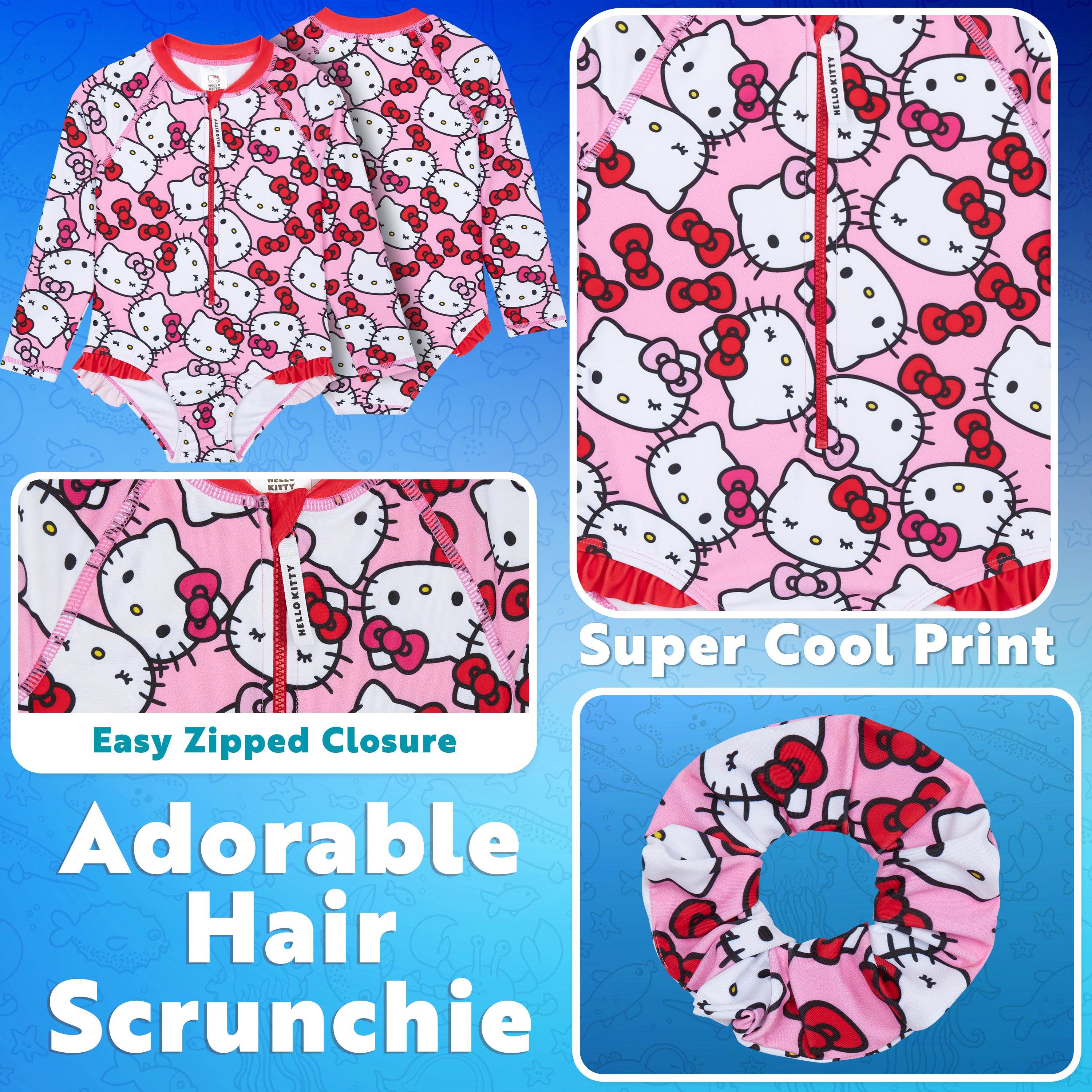 Hello Kitty Girls Swimming Costume Long Sleeve Kawaii Swimsuit with Hair Scrunchie One Piece for Kids Teens Swimwear for Pool Beach Holiday Essentials - Get Trend