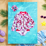 Hello Kitty Girls Swimming Costume Long Sleeve Kawaii Swimsuit with Hair Scrunchie One Piece for Kids Teens Swimwear for Pool Beach Holiday Essentials - Get Trend