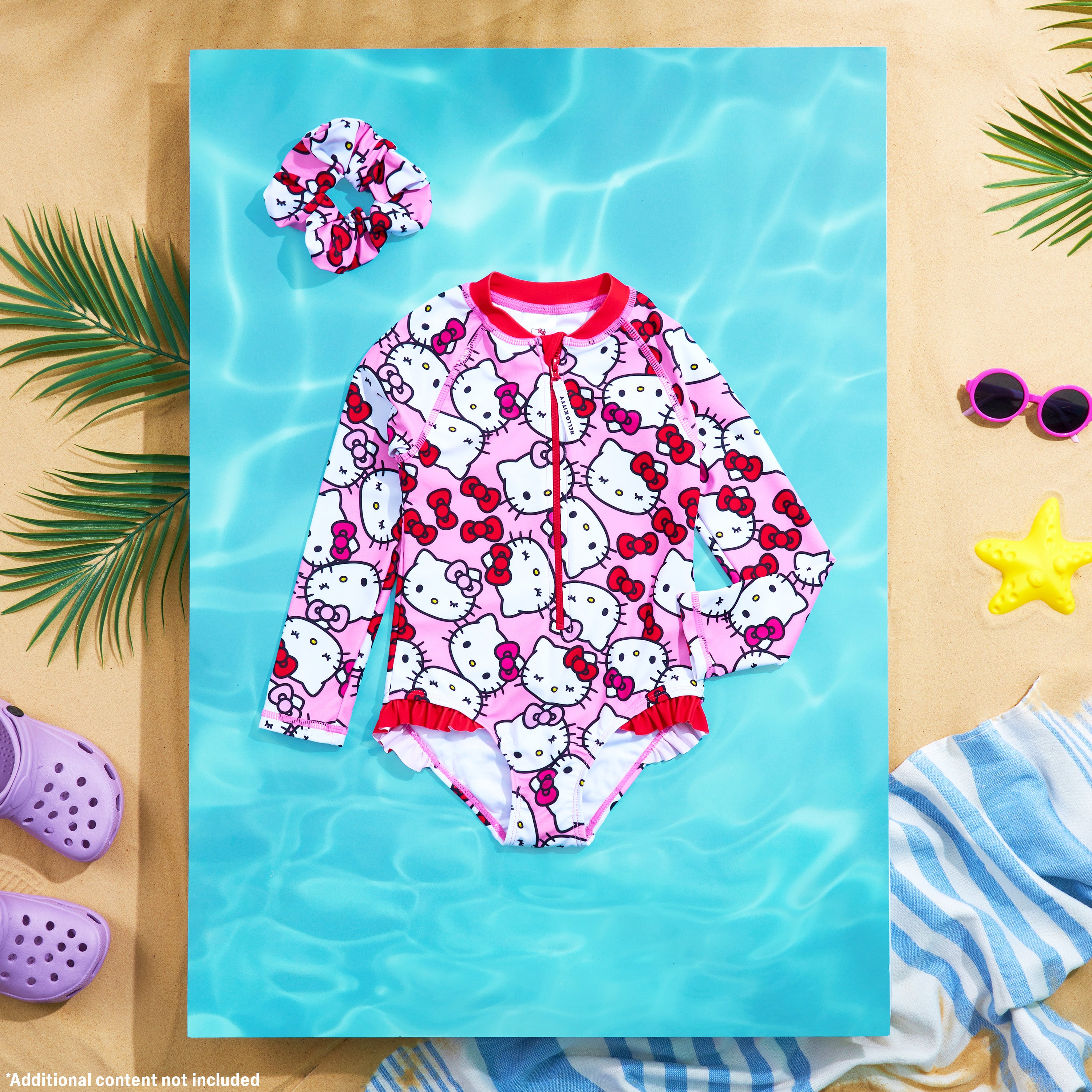 Hello Kitty Girls Swimming Costume Long Sleeve Kawaii Swimsuit with Hair Scrunchie One Piece for Kids Teens Swimwear for Pool Beach Holiday Essentials - Get Trend