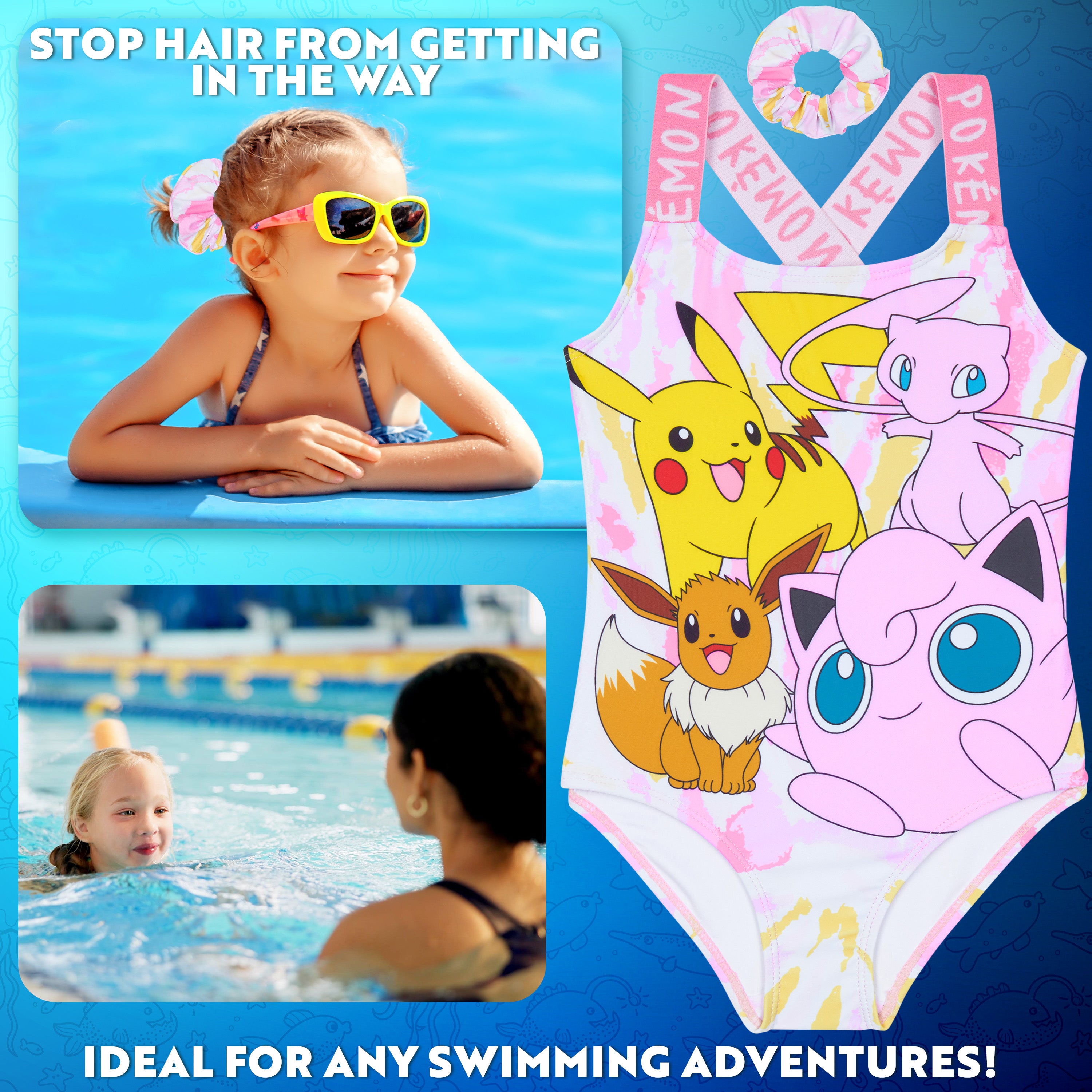 pokemon swimming goggles Pokemon Girls Swimming Costume Swimsuit with Hair Scrunchie Pikachu On – Get Trend