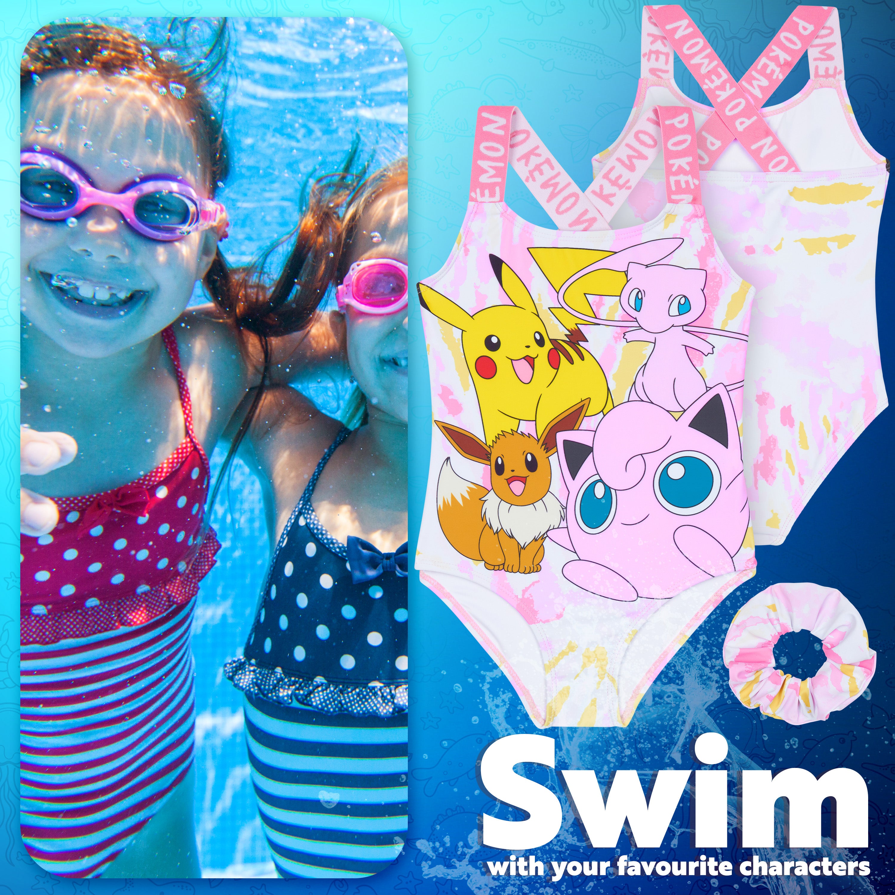 Pokemon Girls Swimming Costume Swimsuit with Hair Scrunchie Pikachu One Piece for Kids Teens Anime Swimwear for Pool Beach Holiday Essentials - Get Trend