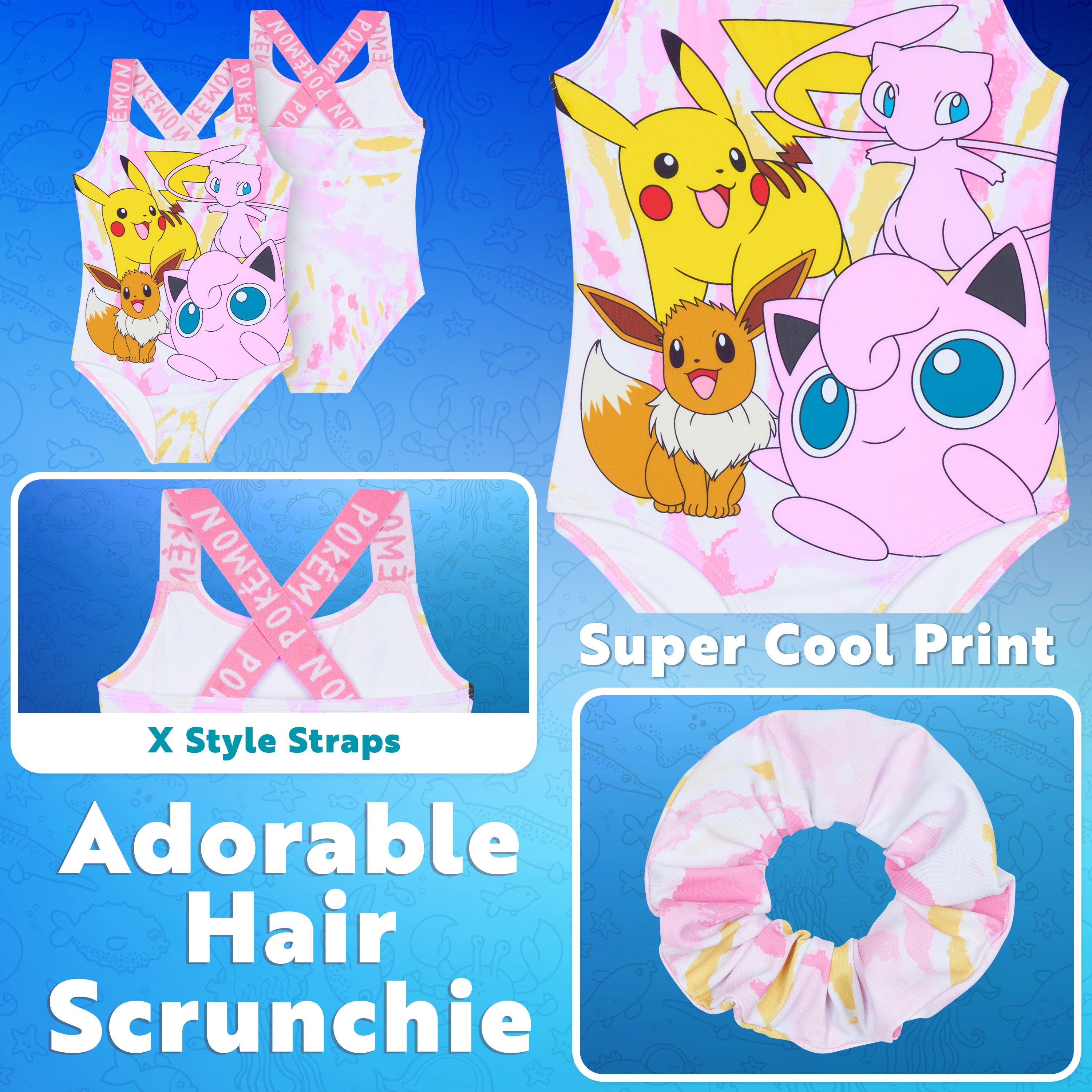 Pokemon Girls Swimming Costume Swimsuit with Hair Scrunchie Pikachu One Piece for Kids Teens Anime Swimwear for Pool Beach Holiday Essentials - Get Trend