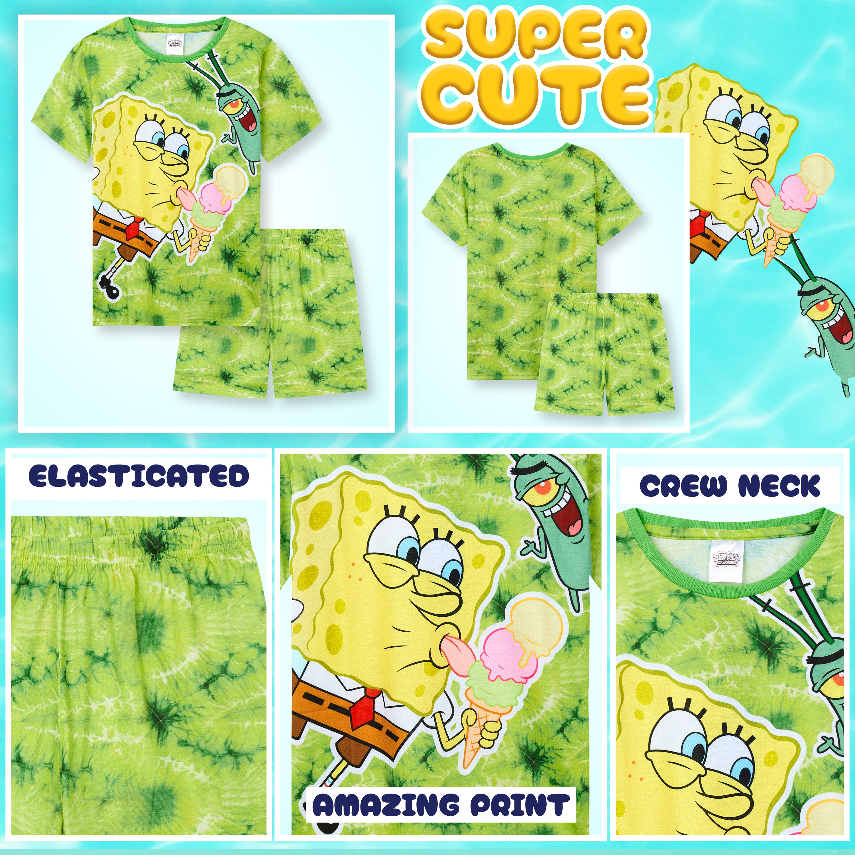 SPONGEBOB SQUAREPANTS Boys Pyjamas Set Short PJs Kids Teens Lounge Set Nightwear Soft Summer Sleepwear Gifts for Boys - Get Trend