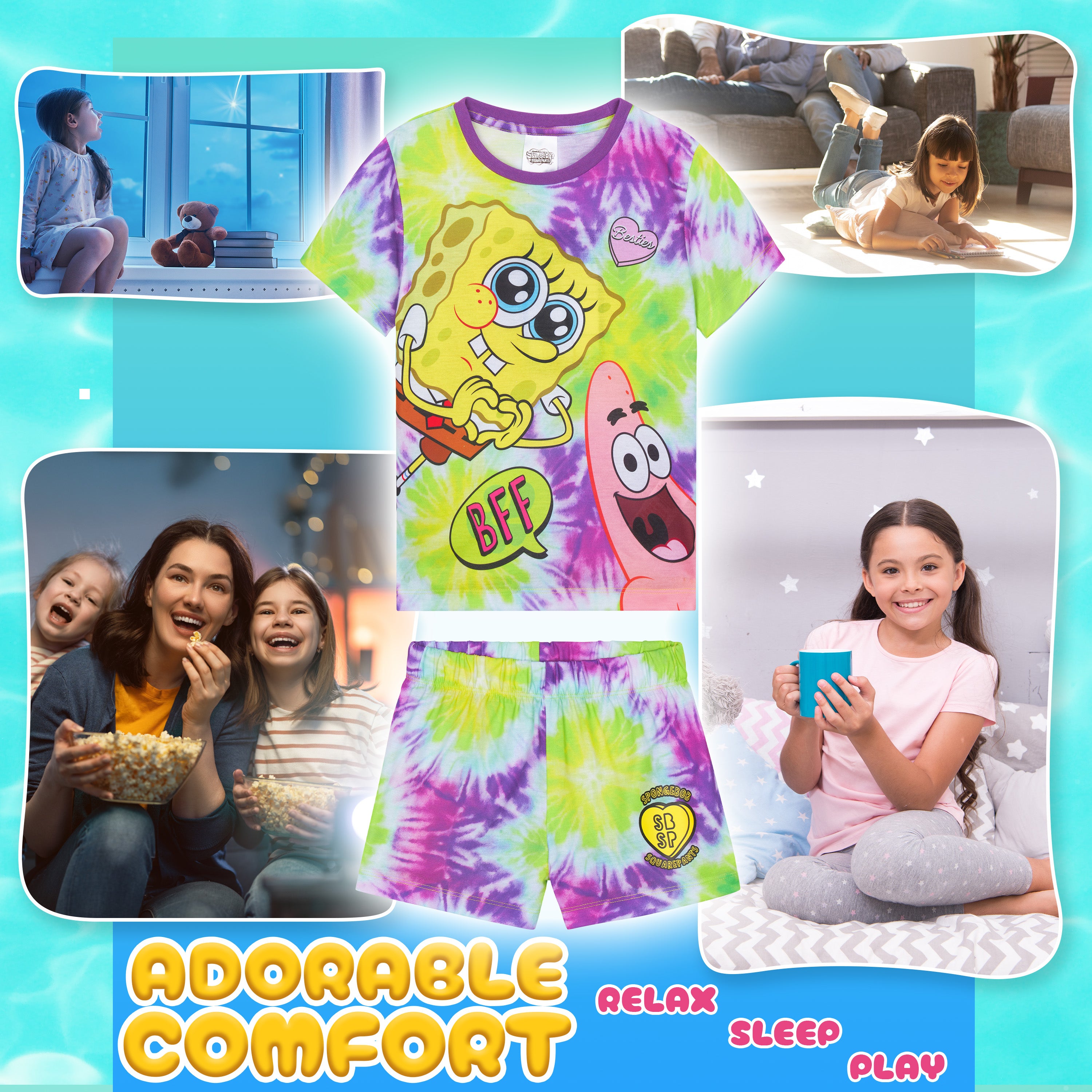 SPONGEBOB SQUAREPANTS Girls Pyjamas Set Short PJs Kids Teens Lounge Set Nightwear Soft Summer Sleepwear Gifts for Girls - Get Trend