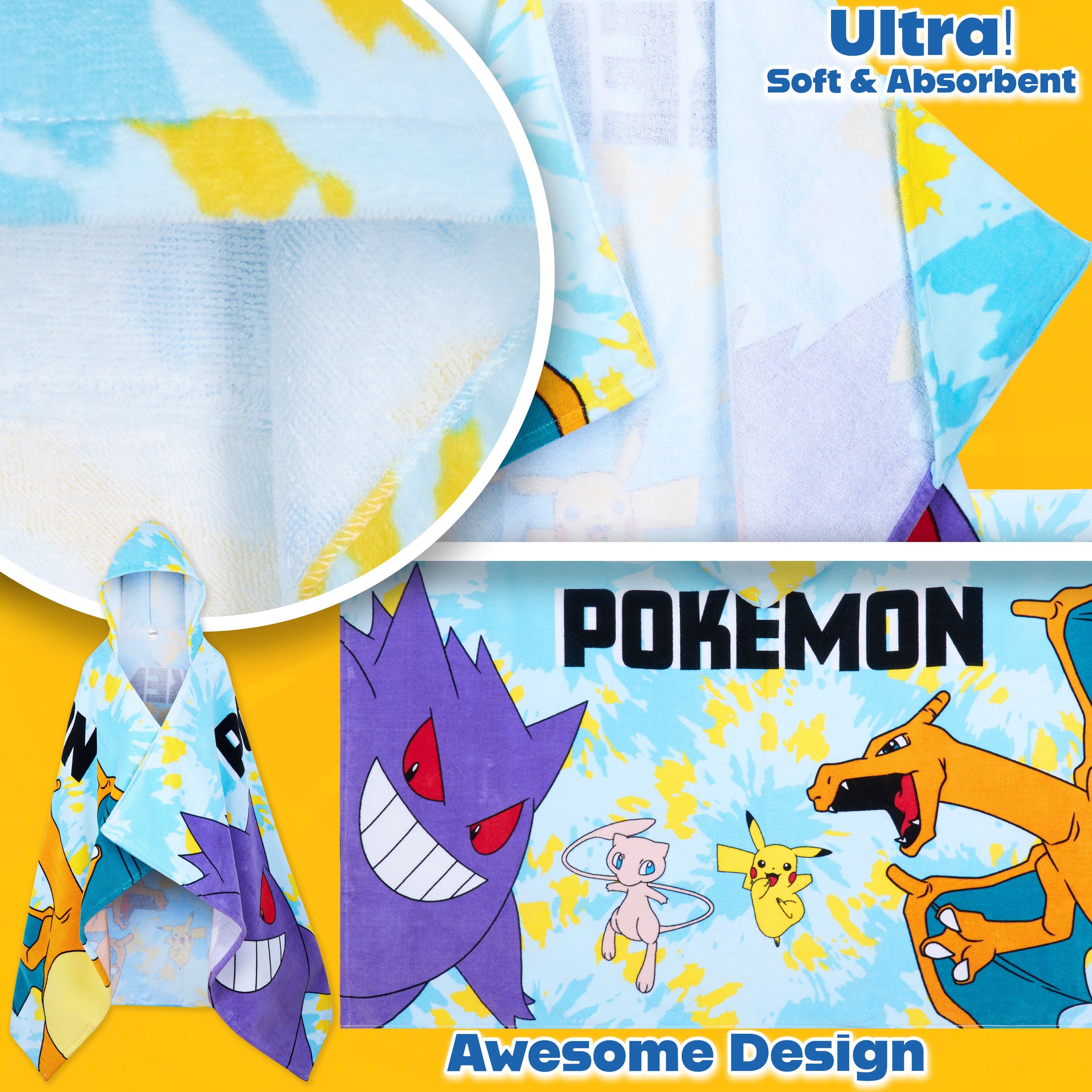 Pokemon Bath Towel with Hood for Kids Teenagers Anime Changing Robe Absorbent Cotton Poncho Towel for Swimming Bath Shower Beach Holiday Essentials (Blue, 6-14 Years) - Get Trend