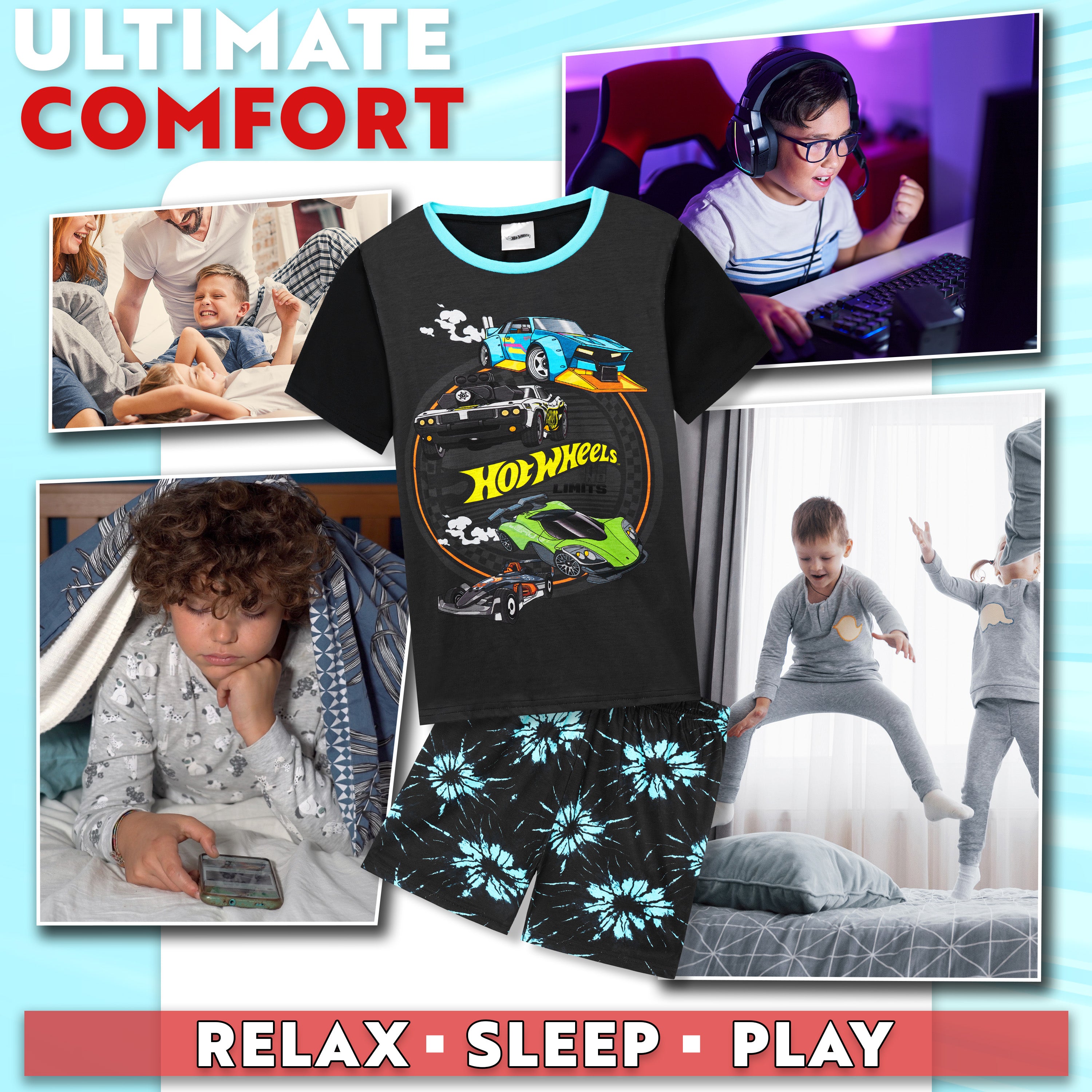 Hot Wheels Boys Pyjamas 2 Piece Summer Nightwear Set Short PJs Soft Breathable Lounge Wear Gifts for Boys - Get Trend