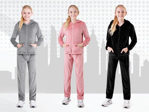 CityComfort Girls Tracksuit Set, 2 Piece Velour Hoodie and Tracksuit Bottoms Lounge Set - Get Trend