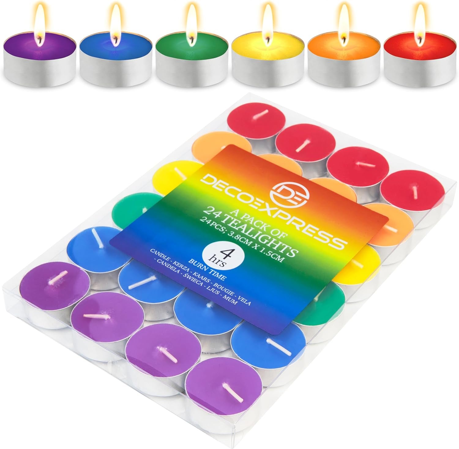 DECO EXPRESS Tealight Candles Multipack of 24, Burning Time 4 Hours - Tea Lights Candles (Multi 24/4 Hour - Get Trend