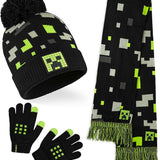 Minecraft Beanie Winter Accessories Set Boys Teens, 3pcs Hat Scarf Gloves Warm Knit