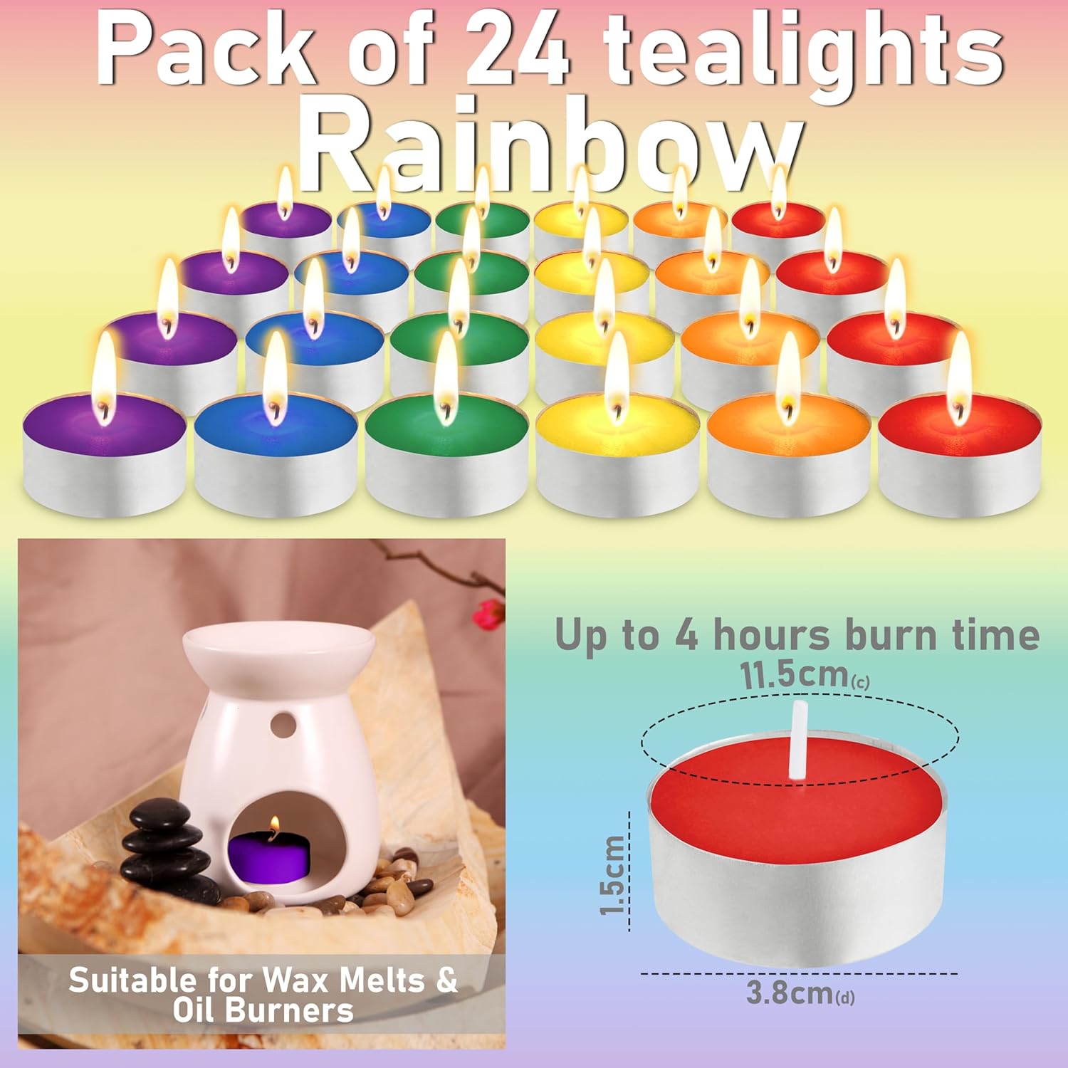 DECO EXPRESS Tealight Candles Multipack of 24, Burning Time 4 Hours - Tea Lights Candles (Multi 24/4 Hour - Get Trend