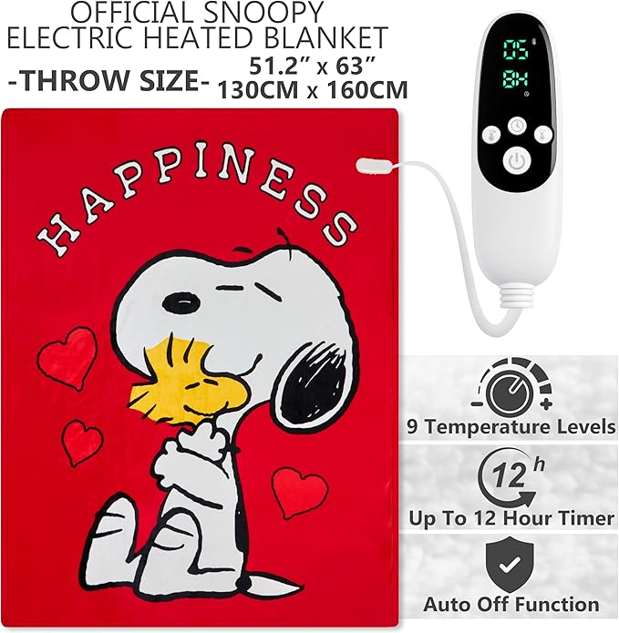 Get Trend Peanuts Snoopy Electric Blanket 150x200cm, Double Size Soft & Luxurious Sherpa Fleece Heated Blanket, 9 Heat Settings 12-Hour Auto-Off Timer (Red Snoopy, Double UK) - Get Trend