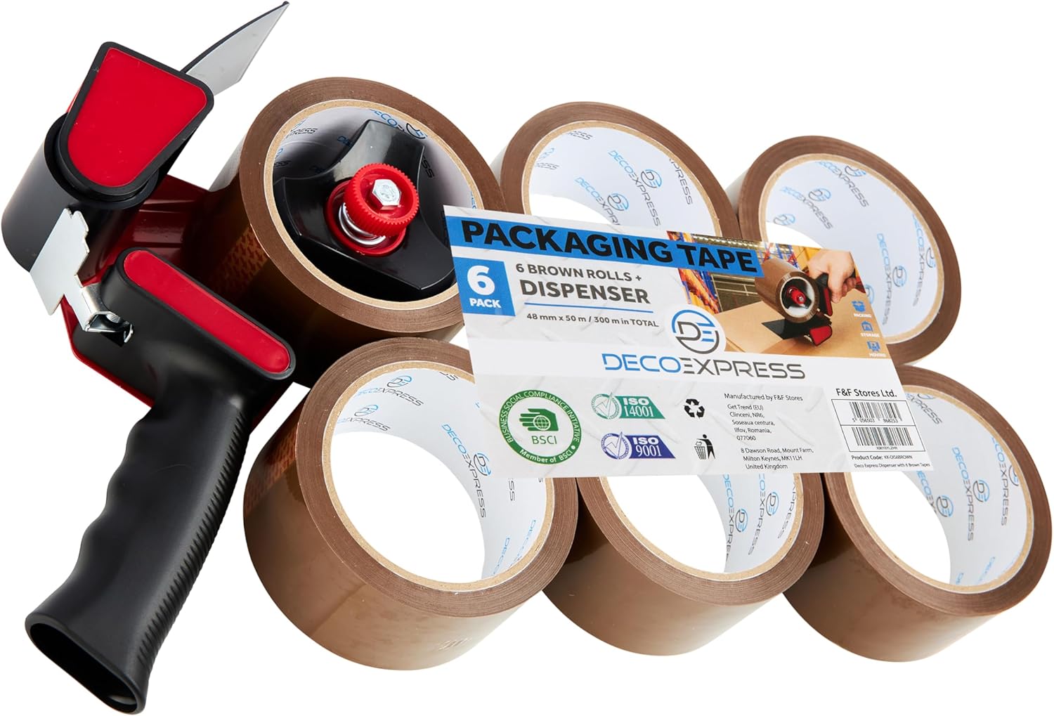 DECO EXPRESS Packaging Tape Dispenser Gun and 6 Rolls Parcel Tape Strong Brown Fragile Clear Heavy Duty for Packing Boxes Moving House Essentials (Dispenser Mixed, 1 Pack) - Get Trend
