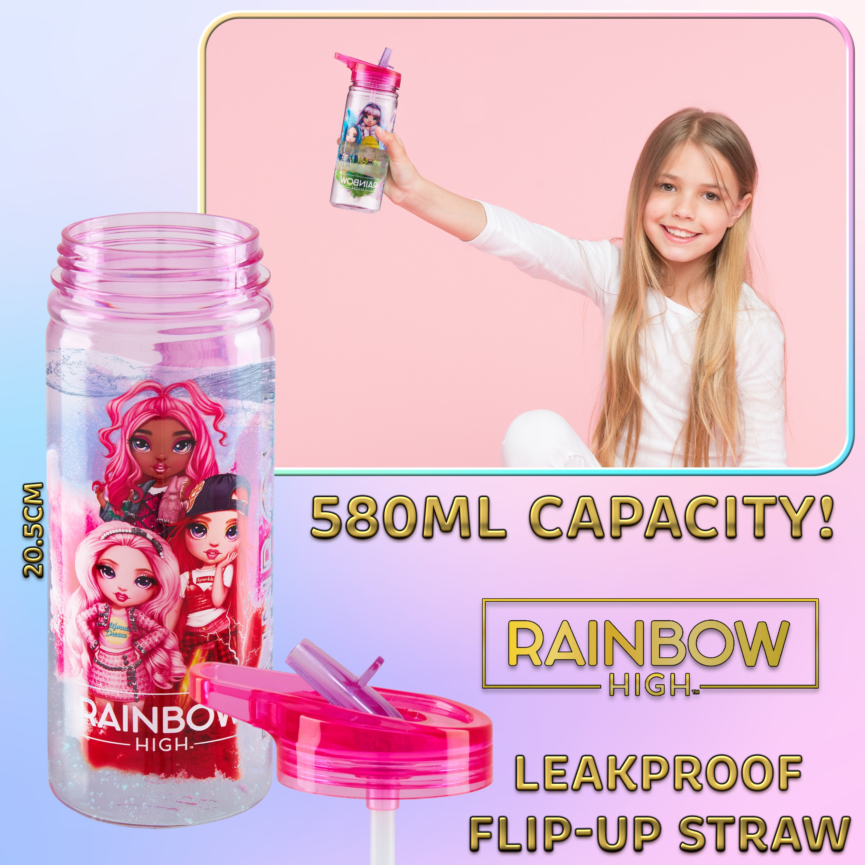 Rainbow High Water Bottle for Girls 580ml BPA Free Water Bottle With Straw - Get Trend