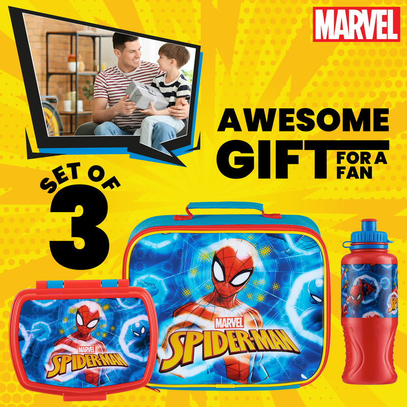 Marvel Kids Lunch Box 3 Piece Set Spiderman Insulated Lunch Bag Snack Box 430ml Water Bottle - Get Trend