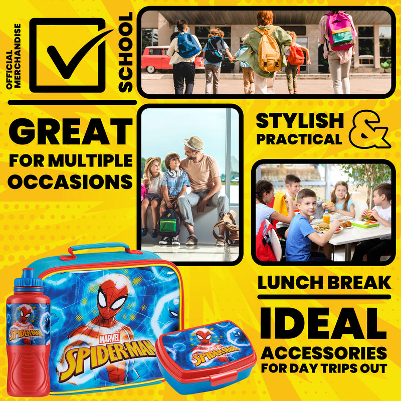 Marvel Kids Lunch Box 3 Piece Set Spiderman Insulated Lunch Bag Snack Box 430ml Water Bottle