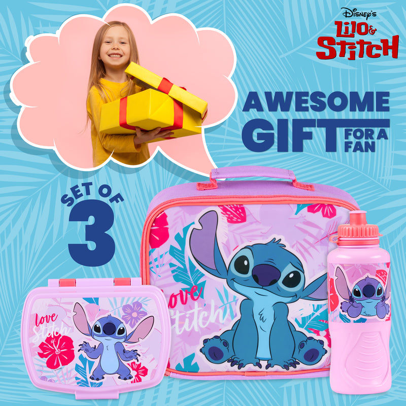 Disney Stitch Kids Lunch Box 3 Piece Set Insulated Lunch Bag Snack Box BPA Free 430ml Water Bott