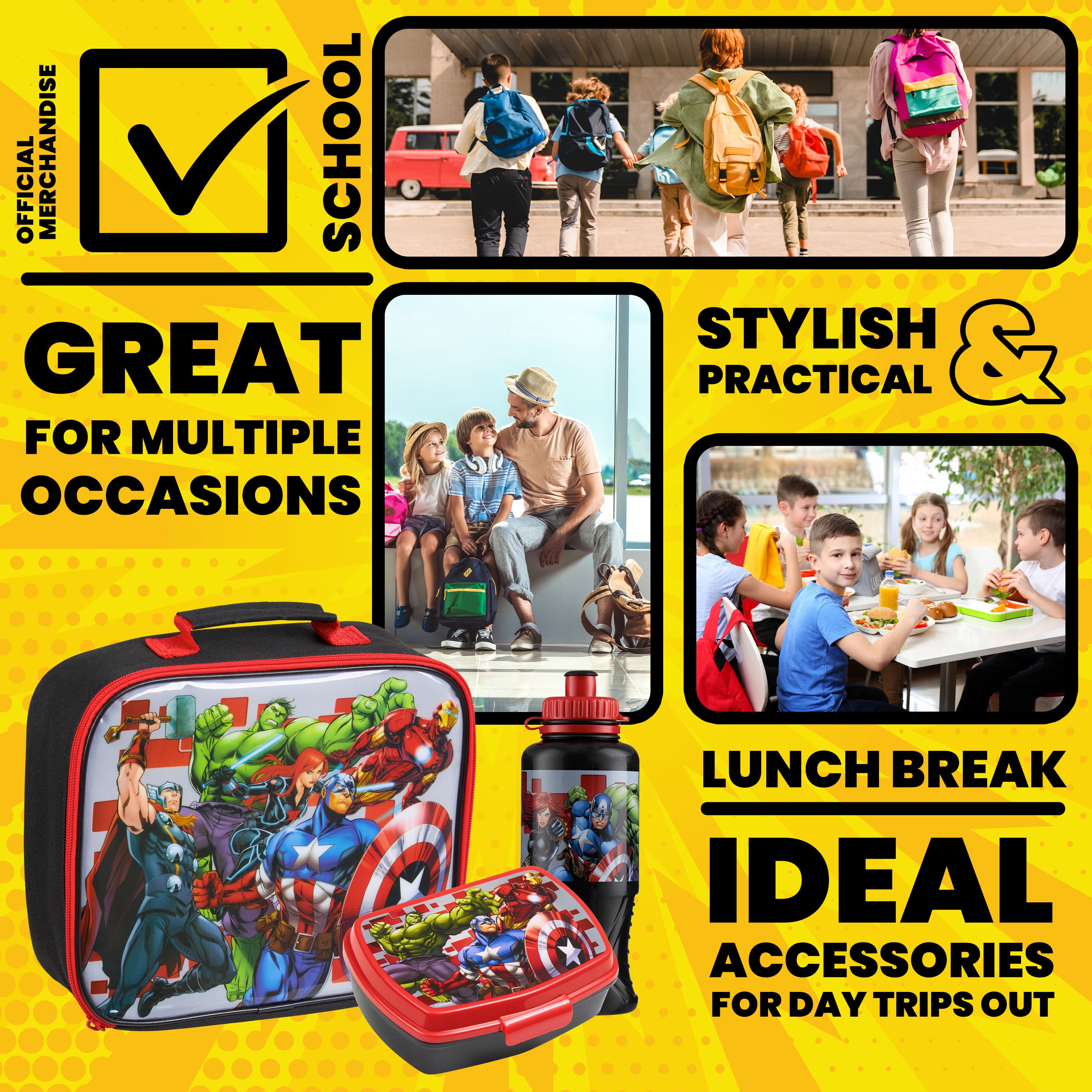 Marvel Kids Lunch Box 3 Piece Set Avengers Insulated Lunch Bag Snack Box 430ml - Get Trend