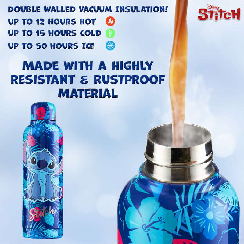 Disney Stitch Insulated Water Bottle - 515ml Stainless Steel Metal Drinks Bottle