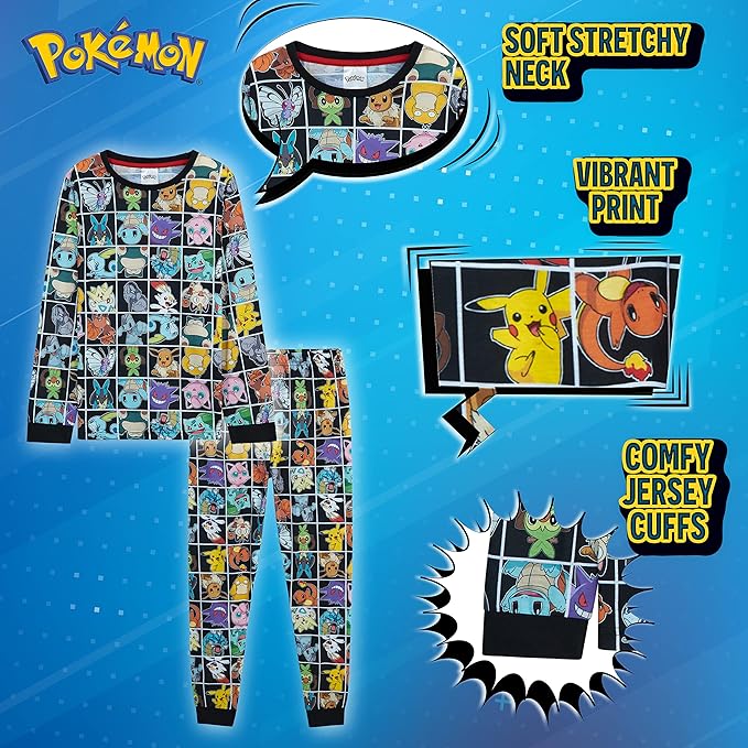 Pokemon Pyjamas for Boys & Teenagers Long PJs Set Soft Breathable Nightwear - Get Trend