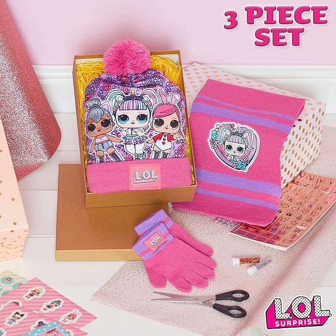L.O.L. Surprise ! Hat Scarf and Gloves Set, Fine knit Warm Bobble Hat, LOL Dolls Winter Hats For Kids with Kitty Queen, Queen Bee, Hops and Unicorn Gifts For Girls - Get Trend