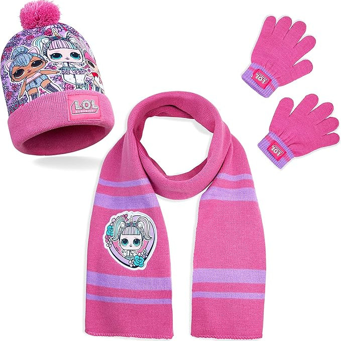 L.O.L. Surprise ! Hat Scarf and Gloves Set, Fine knit Warm Bobble Hat, LOL Dolls Winter Hats For Kids with Kitty Queen, Queen Bee, Hops and Unicorn Gifts For Girls - Get Trend