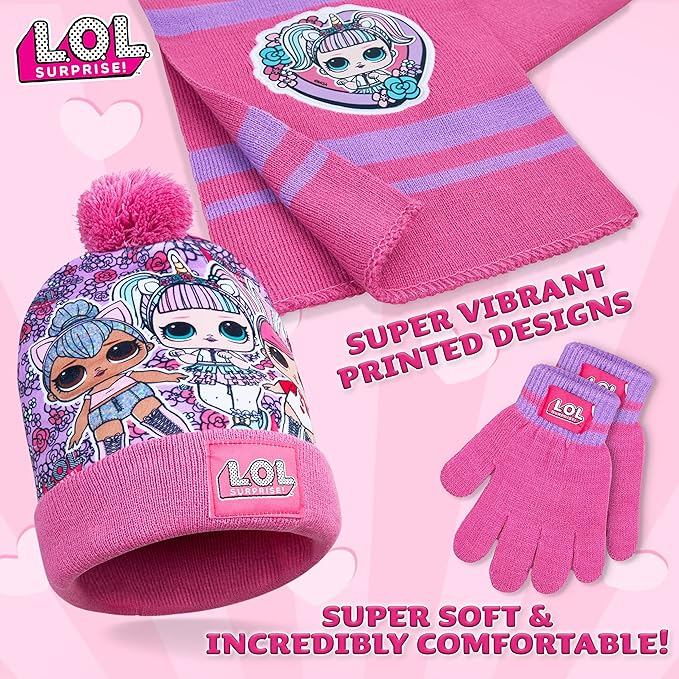 L.O.L. Surprise ! Hat Scarf and Gloves Set, Fine knit Warm Bobble Hat, LOL Dolls Winter Hats For Kids with Kitty Queen, Queen Bee, Hops and Unicorn Gifts For Girls - Get Trend
