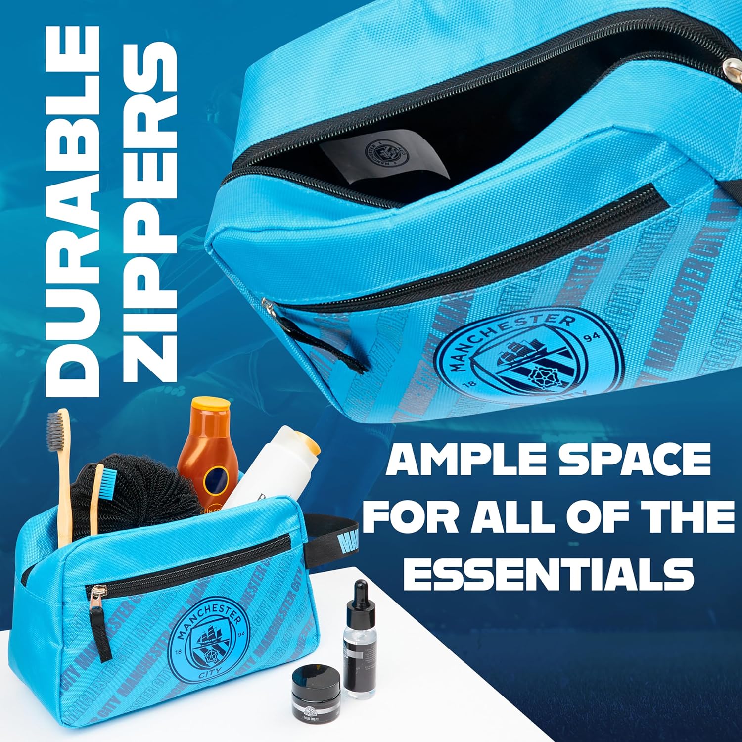 Manchester City F.C. Toiletry Bags for Men, Hanging Wash Bag with Zipped Pocket - Get Trend