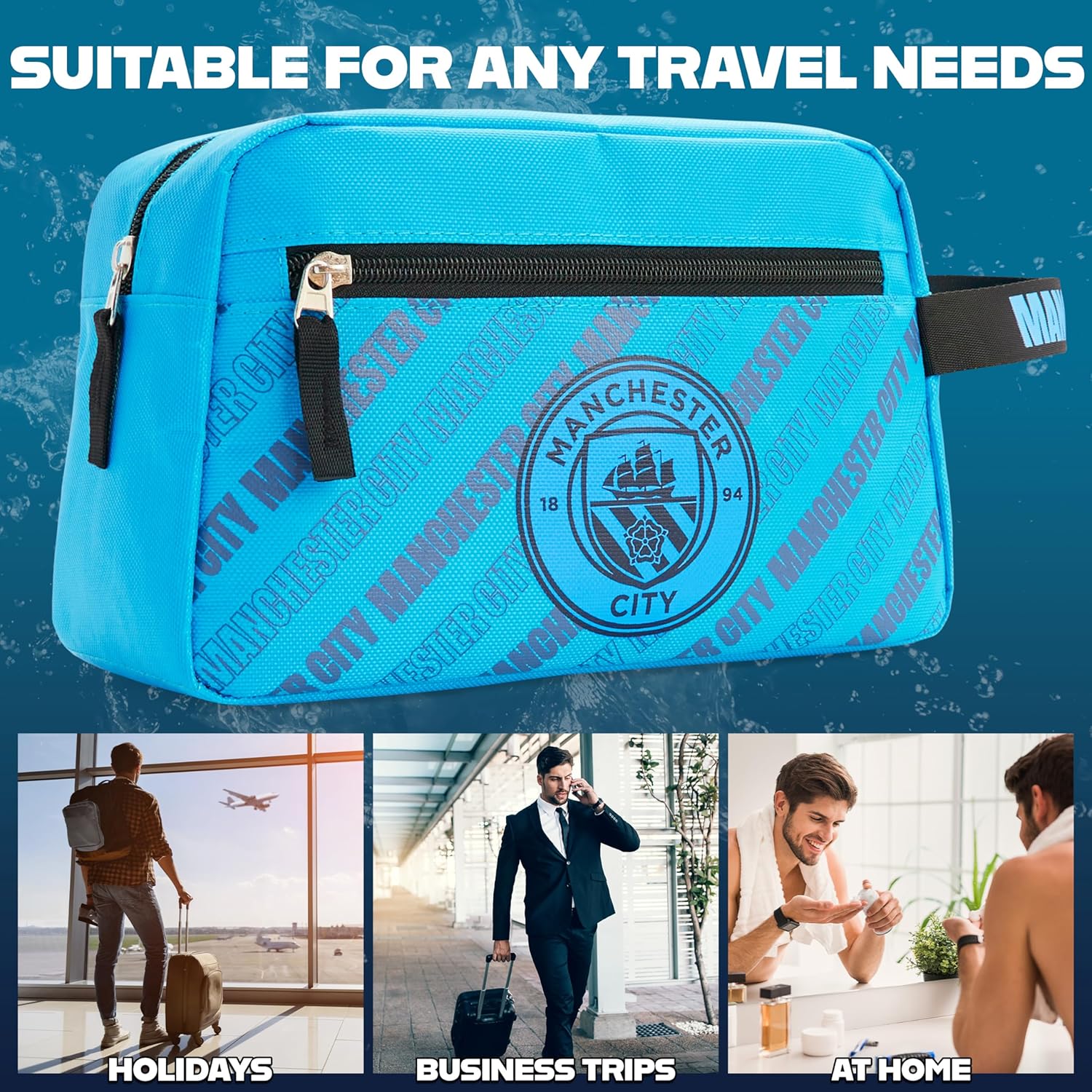 Manchester City F.C. Toiletry Bags for Men, Hanging Wash Bag with Zipped Pocket - Get Trend