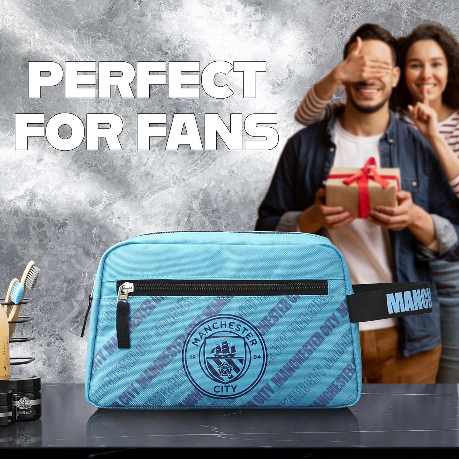Manchester City F.C. Toiletry Bags for Men, Hanging Wash Bag with Zipped Pocket - Get Trend