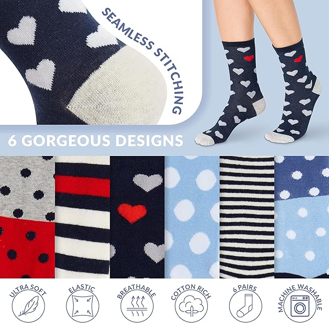 Tom Franks Ladies 6 Pack Design Cotton Rich Socks One Size - Get Trend