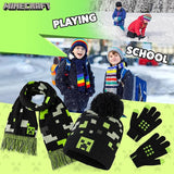 Minecraft Beanie Winter Accessories Set Boys Teens, 3pcs Hat Scarf Gloves Warm Knit
