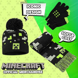 Minecraft Beanie Winter Accessories Set Boys Teens, 3pcs Hat Scarf Gloves Warm Knit