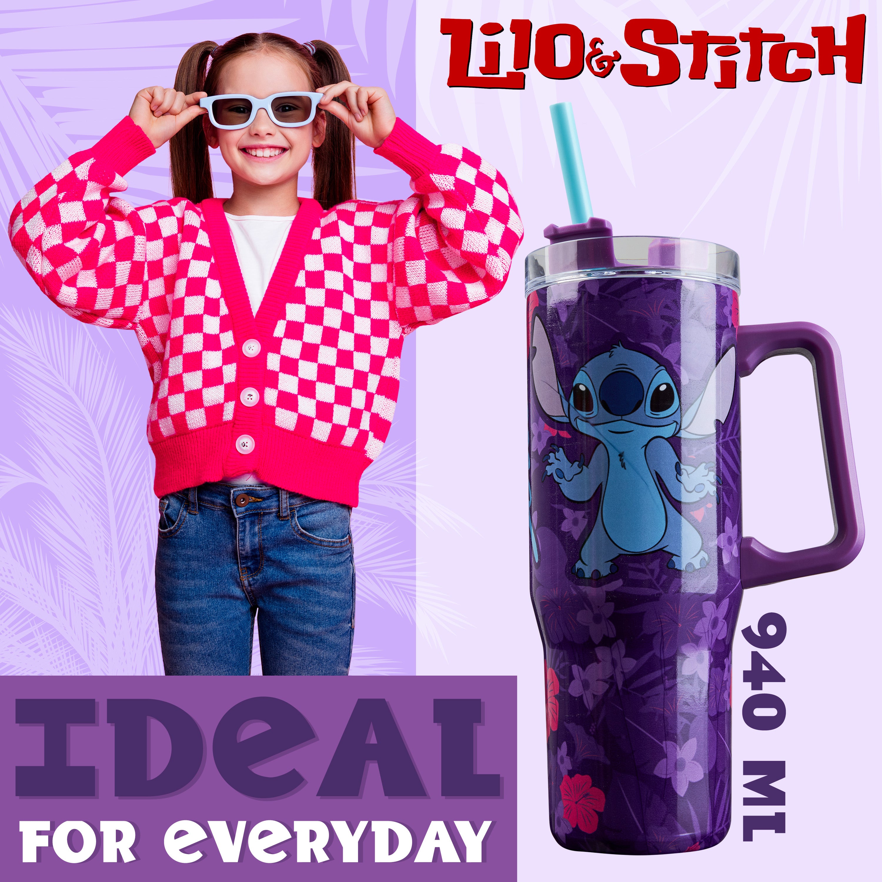 Disney Stitch Insulated Tumbler Travel Mug 940ml/33oz Water Bottle with Straw & Handle - Get Trend