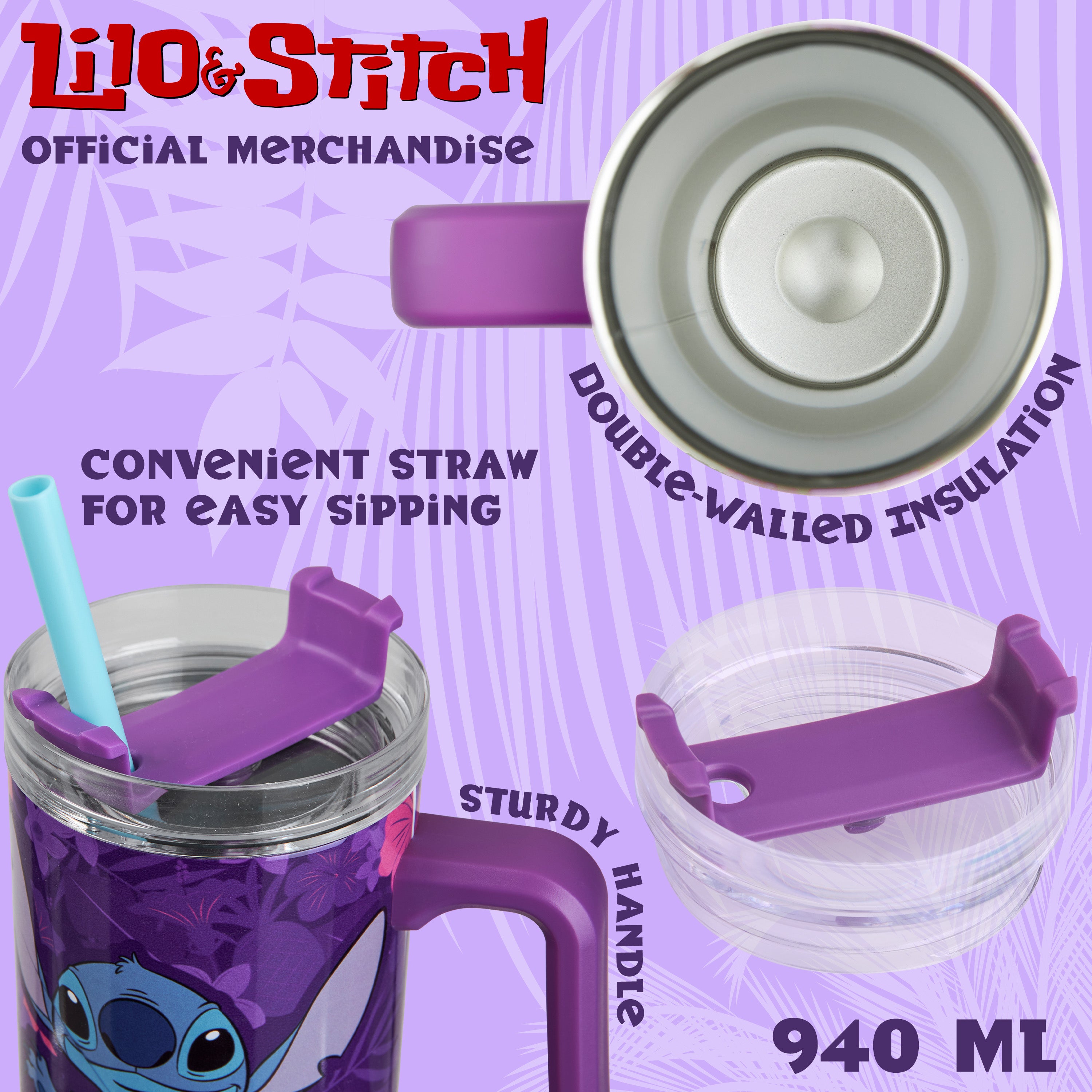 Disney Stitch Insulated Tumbler Travel Mug 940ml/33oz Water Bottle with Straw & Handle - Get Trend