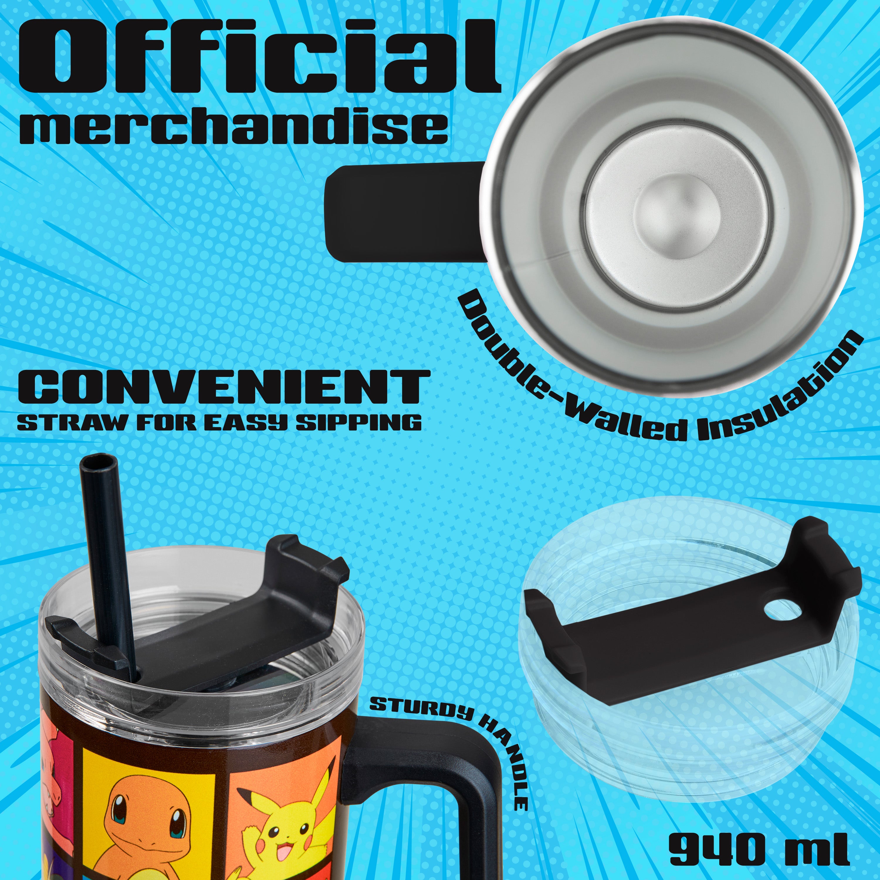 Pokemon Insulated Tumbler Travel Mug 940ml/33oz Anime Water Bottle with Straw & Handle - Get Trend