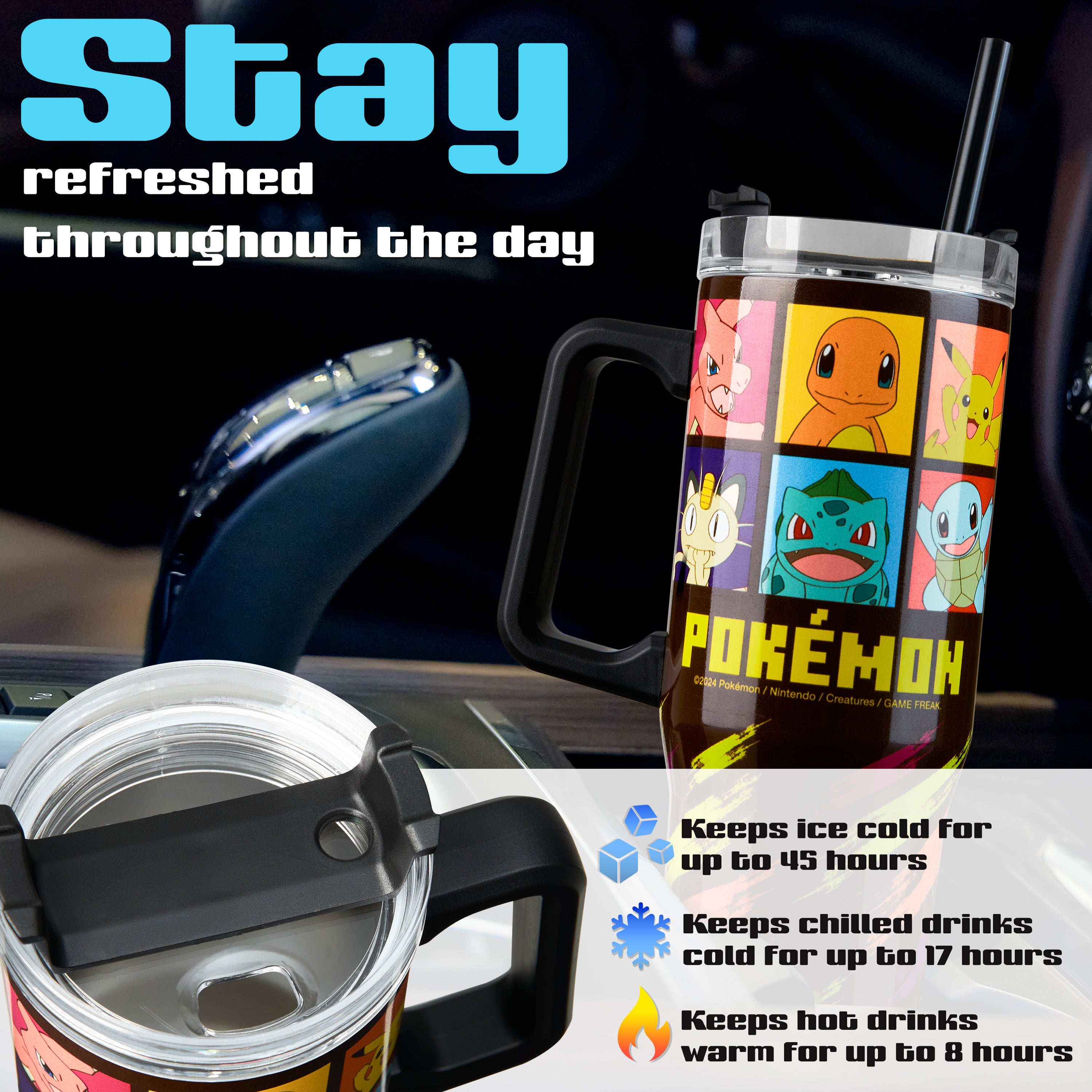 Pokemon Insulated Tumbler Travel Mug 940ml/33oz Anime Water Bottle with Straw & Handle - Get Trend