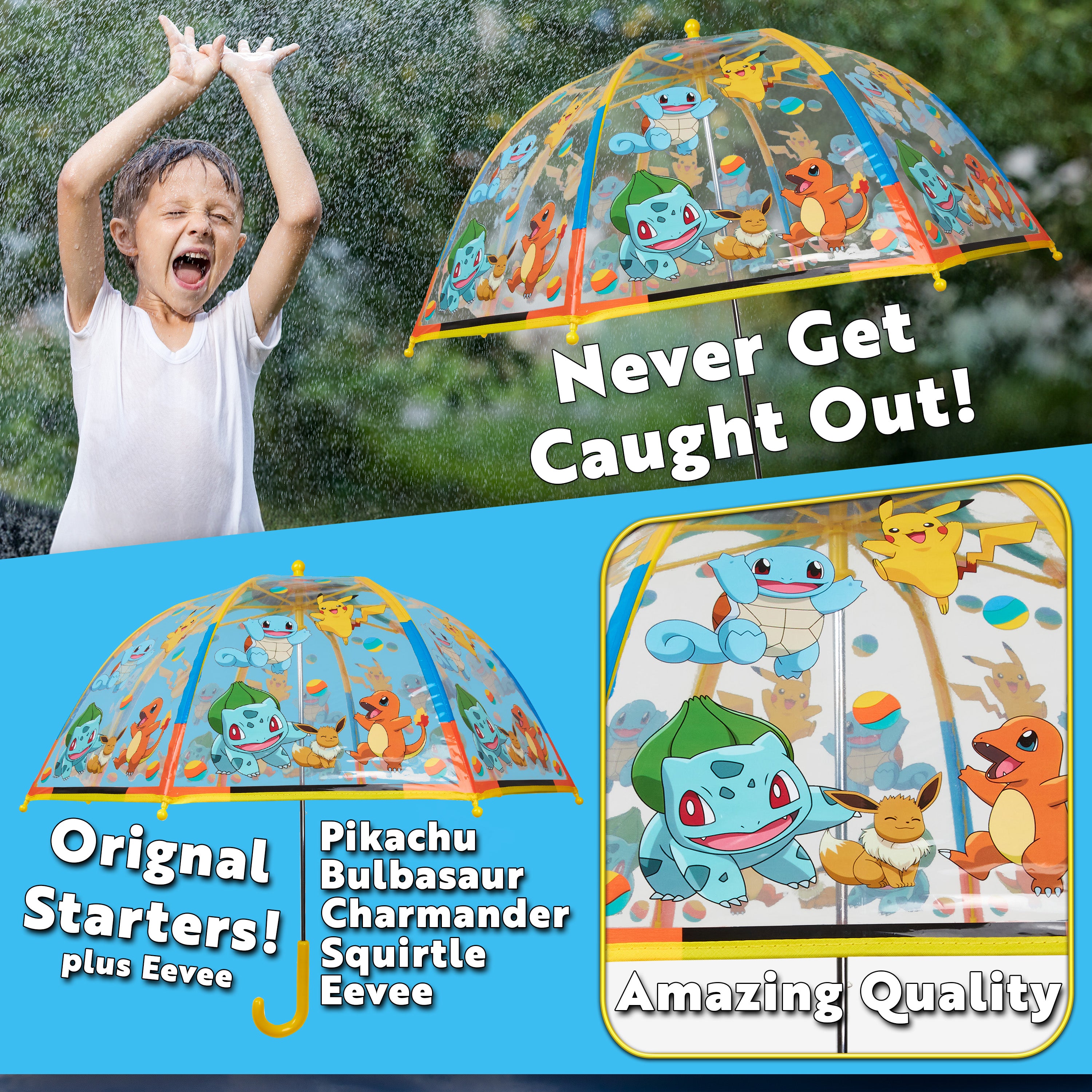 Pokemon Stick Umbrella, Clear Dome Lightweight Kids Umbrella - Get Trend