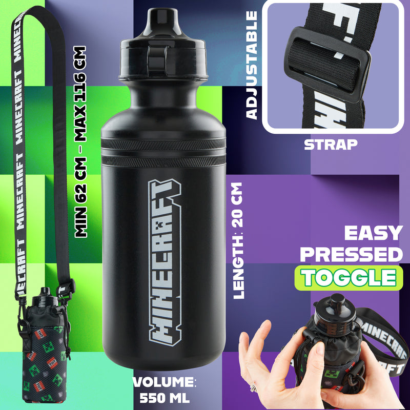 Minecraft Kids Water Bottles with Adjustable Strap & Bottle Holder 550ml - Get Trend
