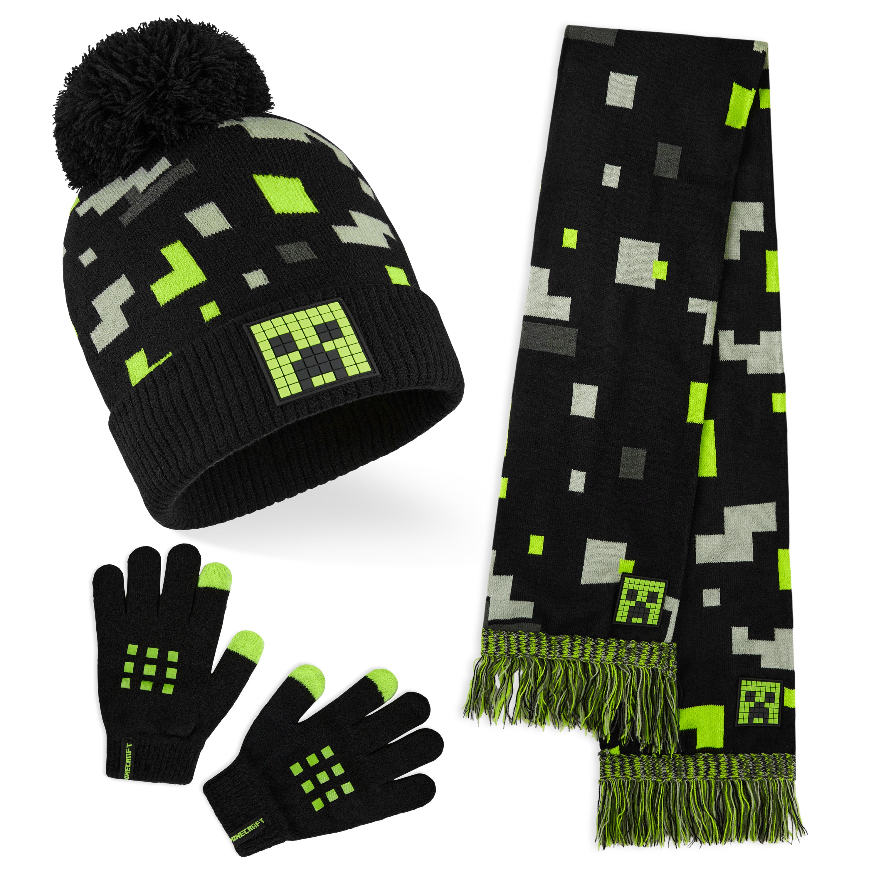 Minecraft Beanie Hat Scarf and Gloves Set for Boys and Girls - Black & Green - Get Trend