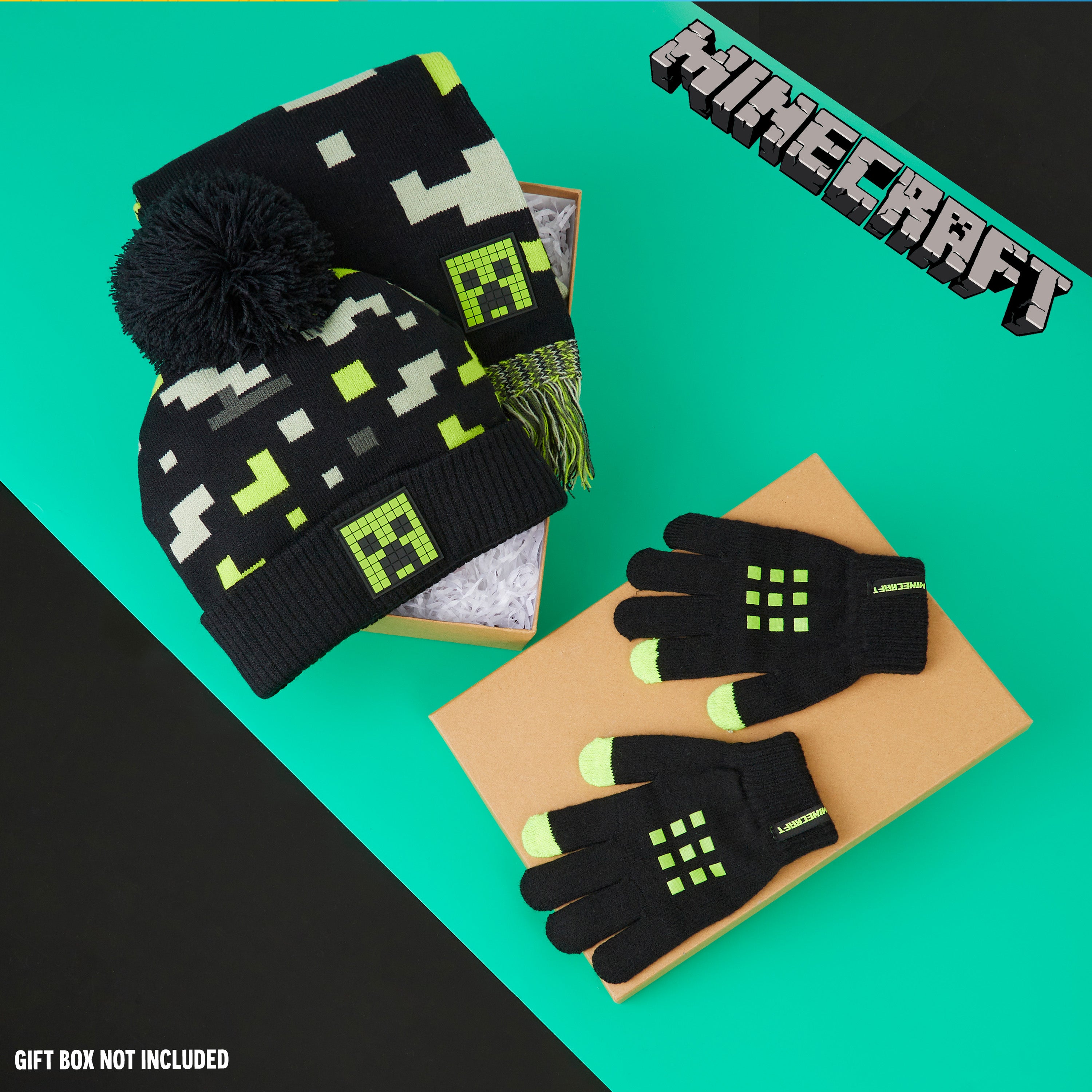 Minecraft Beanie Hat Scarf and Gloves Set for Boys and Girls - Black & Green - Get Trend