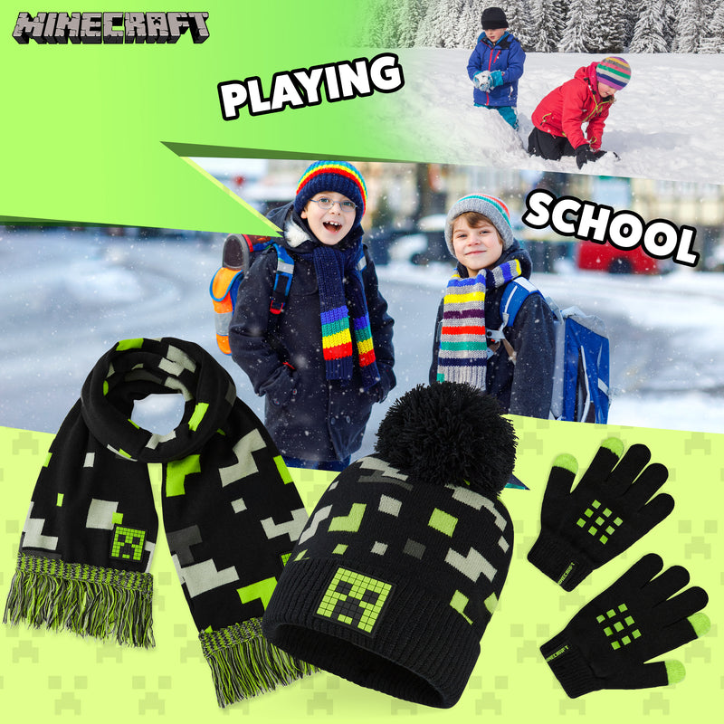 Minecraft Beanie Hat Scarf and Gloves Set for Boys and Girls - Black & Green - Get Trend