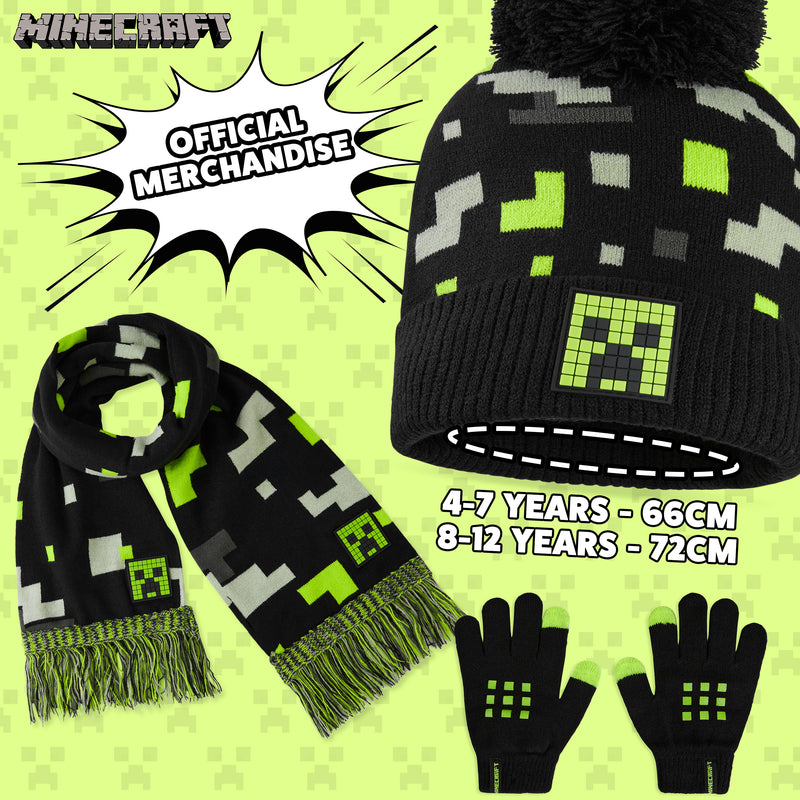 Minecraft Beanie Hat Scarf and Gloves Set for Boys and Girls - Black & Green