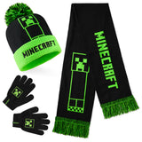 Minecraft Beanie Winter Accessories Set Boys Teens, 3pcs Hat Scarf Gloves, Warm Knit