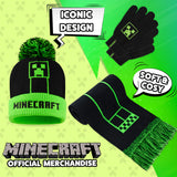 Minecraft Beanie Winter Accessories Set Boys Teens, 3pcs Hat Scarf Gloves, Warm Knit