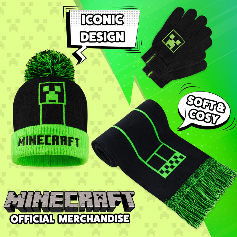 Minecraft Beanie Hat Scarf and Gloves Set for Boys and Girls