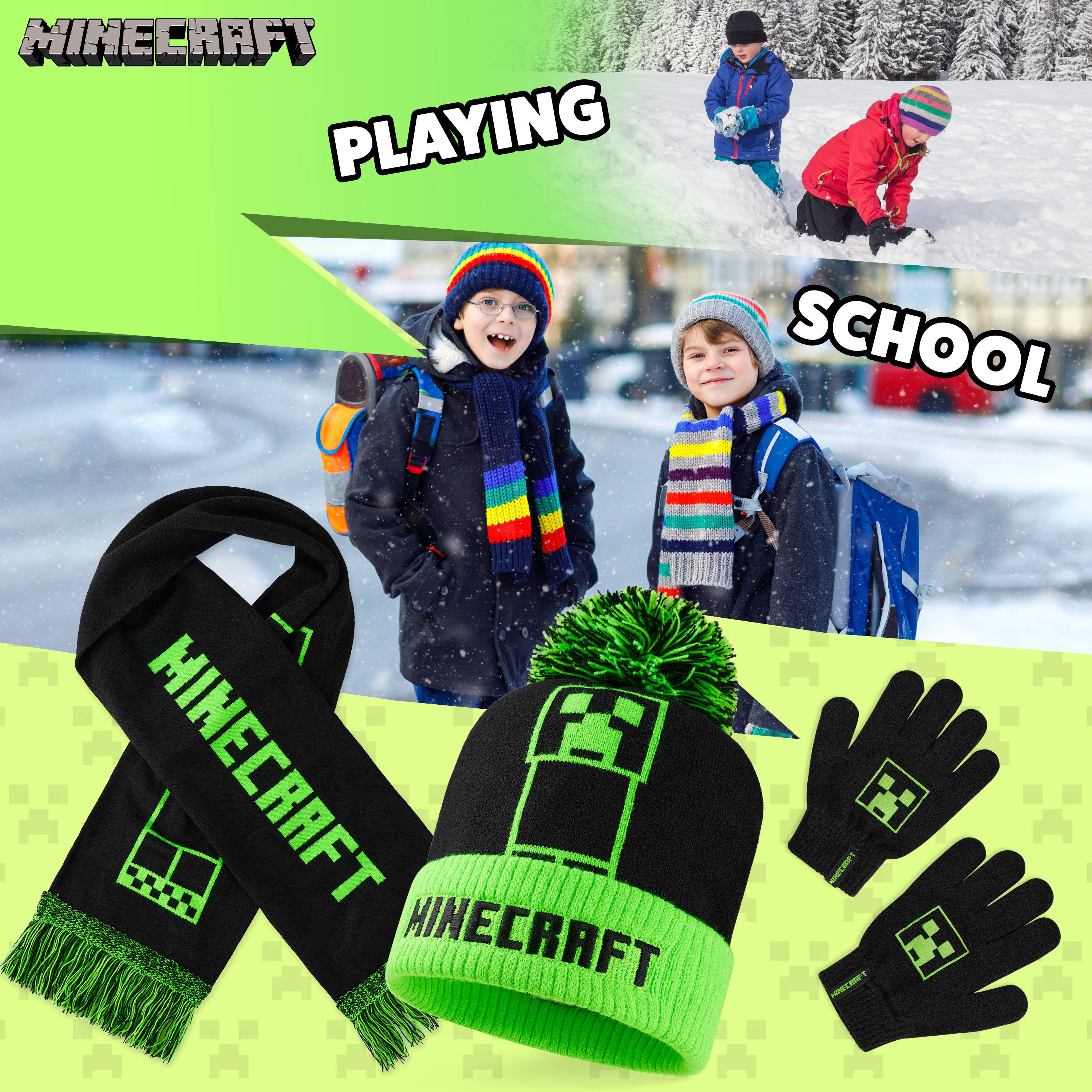 Minecraft Beanie Hat Scarf and Gloves Set for Boys and Girls – Get