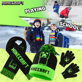 Minecraft Beanie Winter Accessories Set Boys Teens, 3pcs Hat Scarf Gloves, Warm Knit