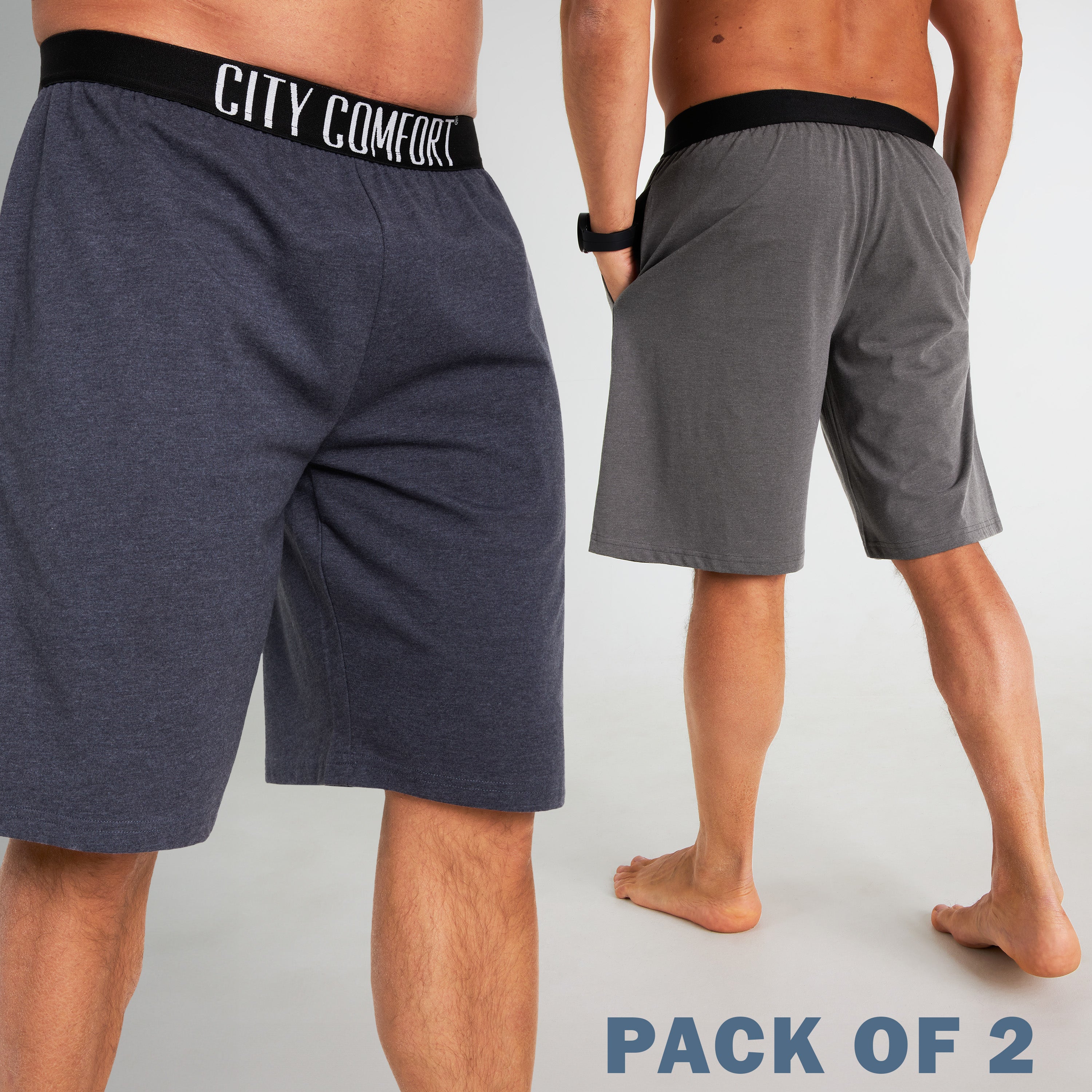 CityComfort Mens Pyjama Shorts - Jersey Lounge Wear with Pockets Pack of 2 - Get Trend