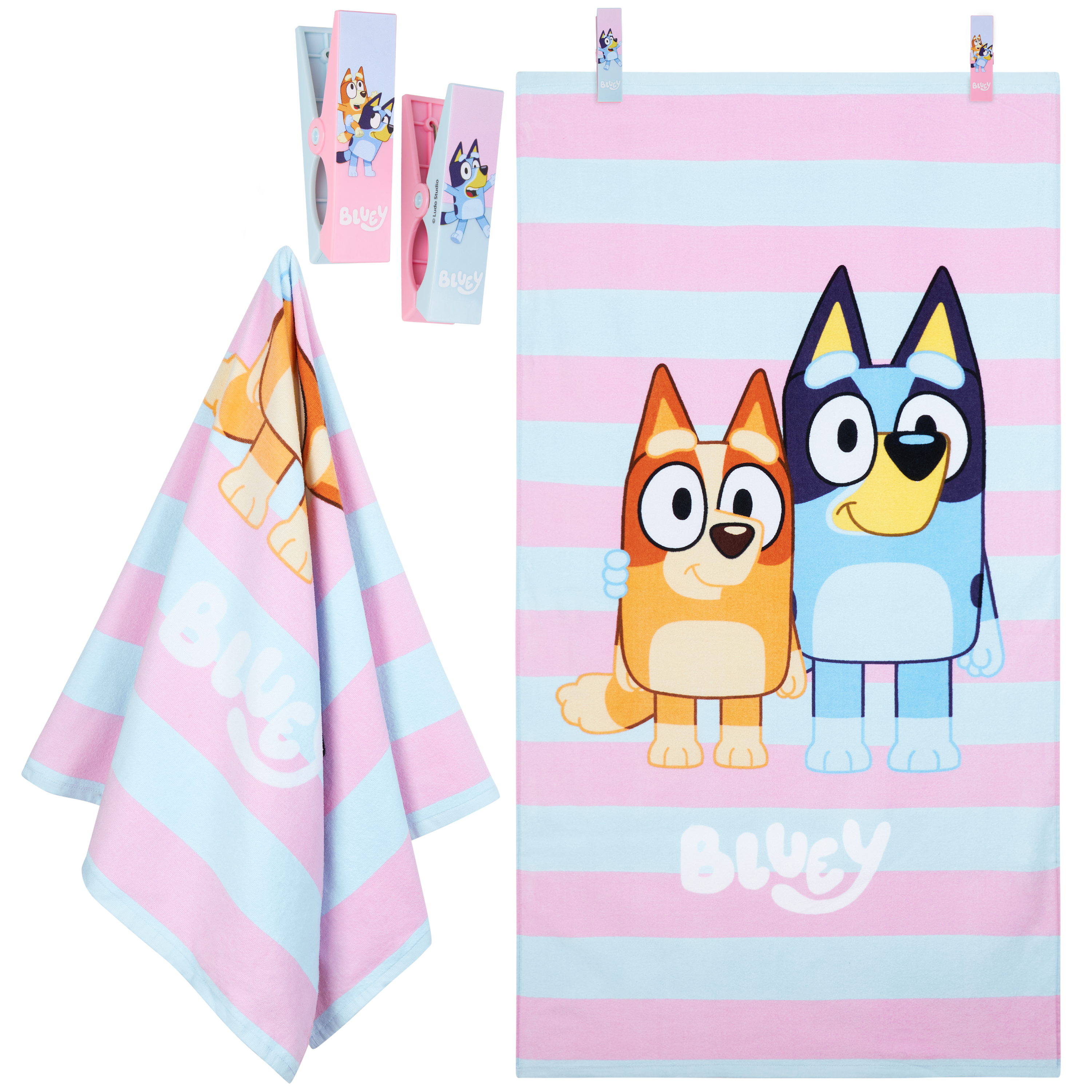 Bluey Towels for Kids with 2 Pegs Clips Beach Towel Soft Absorbent Bath Shower Swimming Towel 100% Cotton Quick Dry Holiday Essentials 140x70cm - Get Trend
