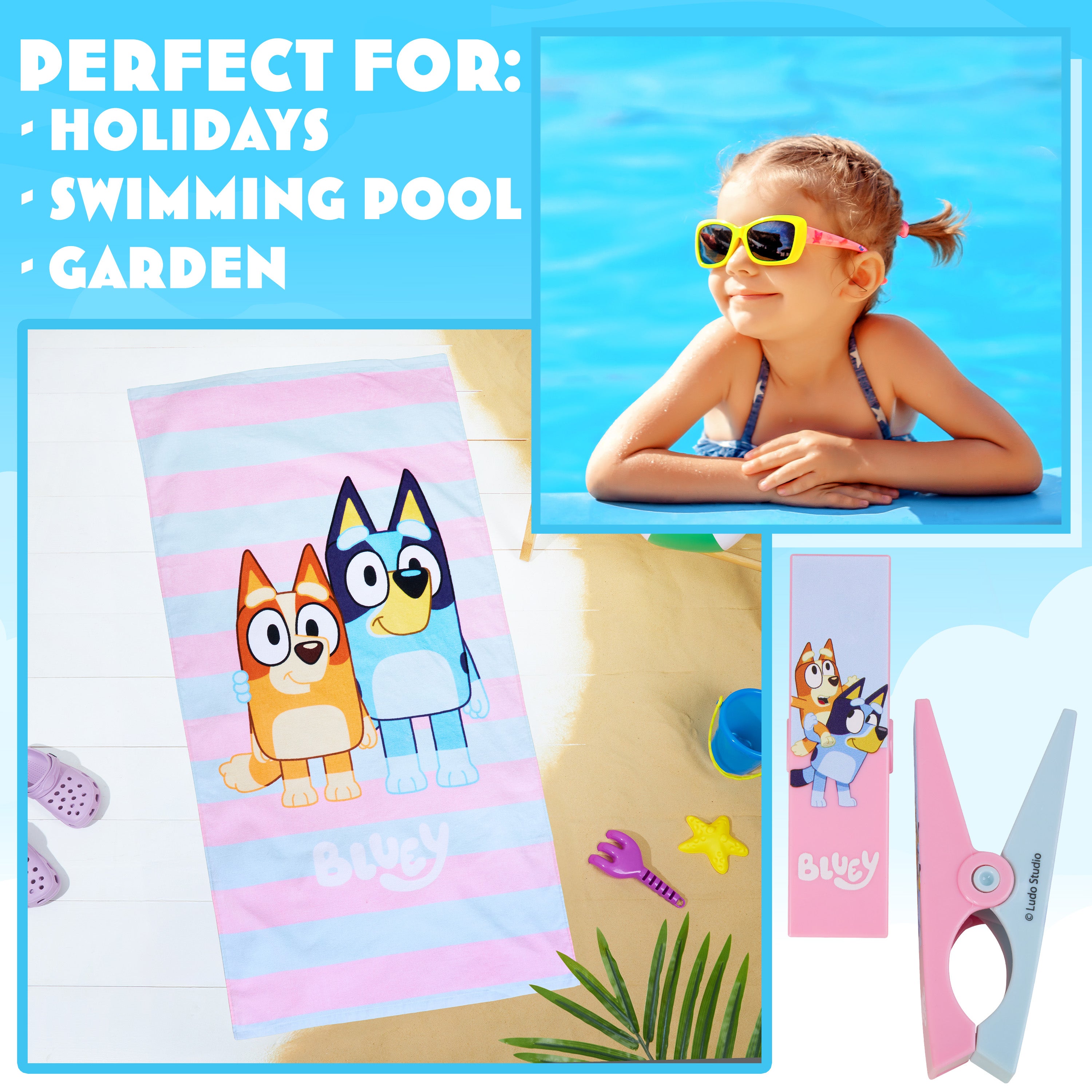 Bluey Towels for Kids with 2 Pegs Clips Beach Towel Soft Absorbent Bath Shower Swimming Towel 100% Cotton Quick Dry Holiday Essentials 140x70cm - Get Trend